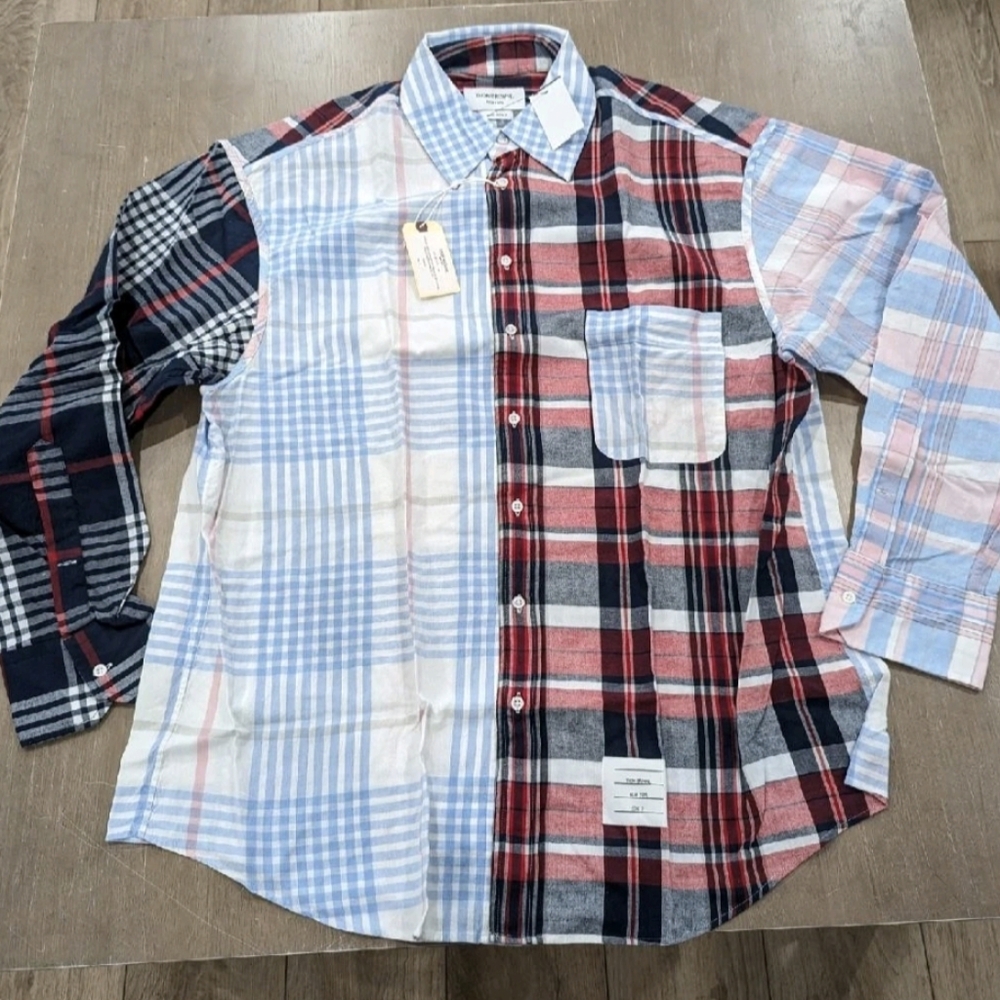 Thom Browne Multi-Panel Plaid Button-Down Shirt in Red, Blue, Black, White